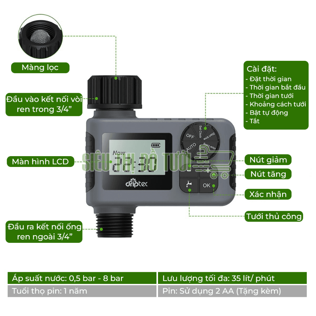 Hẹn giờ tưới tự động Driptec DR-T05 Hẹn giờ tưới tự động Driptec DR-T05